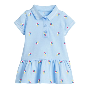 Short-sleeved light blue girls' cotton polo dress featuring colorful ice cream prints