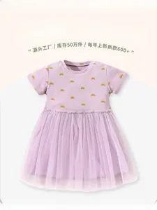Close-up of purple short-sleeve girls dress with rainbow print and layered tulle skirt