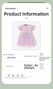 Detail of purple short-sleeve girls' dress with rainbow print and tulle skirt fabric info