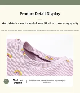 Detail of soft purple ribbed fabric with a rainbow print and elastic round neckline