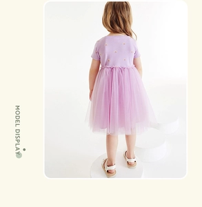 Back view of a purple girls' tulle dress featuring soft cotton and rainbow print patterns