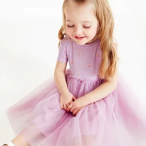 Little Girls Princess Tutu Dress Rainbow Print Short Sleeve Mesh Tulle Lavender Dress For Summer Party Toddler Kids Clothes
