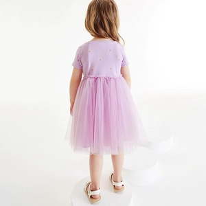 Lilac purple girls' tulle dress with rainbow print on back for summer comfort