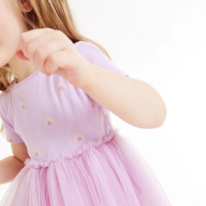 Short sleeve purple dress for girls featuring a rainbow print and layered tulle skirt