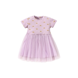 Short-sleeve purple girls dress with colorful rainbow prints and a soft tulle skirt