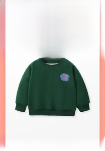 Close-up of a green fleece sweatshirt with purple floral embroidery for girls