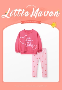 Detail of girls pink cotton sweatshirt and heart print leggings set for ages 2-7