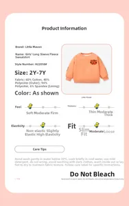 Detail of orange toddler fleece sweatshirt with tiger embroidery and fabric specifications