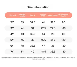 Detailed size information chart for girls fleece sweatshirt set from 2Y to 7Y