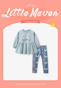 Detail of embroidered cat applique on light blue toddler sweatshirt and printed leggings