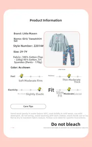 Detailed fabric and care guide for girls' cat sweatshirt and floral leggings set