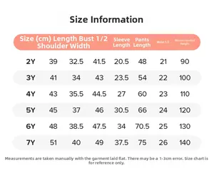 Detailed size chart for girls long sleeve sweatshirt and pants set from 2Y to 7Y