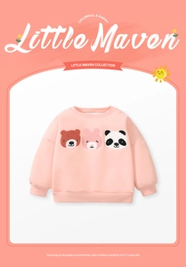 Close-up of pink fleece sweatshirt featuring 3D cartoon animal embroidery and ribbed cuffs