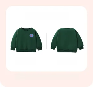 Detailed front and back view of girls' dark green fleece sweatshirt with floral patch