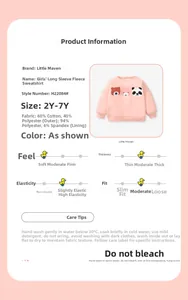Detail view of pink fleece sweatshirt featuring bear and panda applique and fabric info