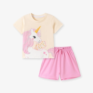Short sleeve cotton summer set for girls with unicorn print and pink shorts