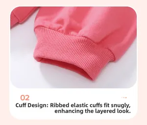 Detail of pink cotton girl sweatshirt showing elastic ribbed cuffs for comfort