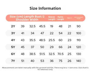Size guide for girls autumn fleece set showing measurements for ages 2Y to 7Y clearly