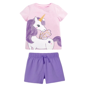 Pink girls cotton summer set with unicorn t-shirt and purple shorts in soft knit fabric
