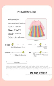 Dettaglio dell'abito in tulle arcobaleno per bambina con tabella taglie e materiali