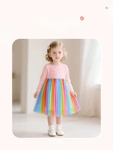 Dettaglio vestito bimba maniche lunghe con top a pois rosa e gonna in tulle arcobaleno