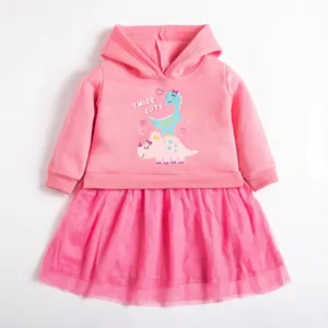 Abito con cappuccio rosa bambina con stampa dinosauro e gonna in tulle multistrato