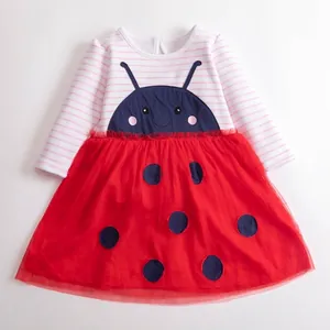 Girls Winter Fleece Lined Dress Pink Striped Top Red Polka Dot Mesh Skirt Long Sleeve Ladybug Patchwork Princess Dress