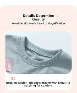 Detailed macro view of the ribbed crew neck collar on a blue girl's cotton sweatshirt