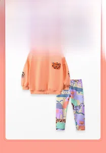 Detail of toddler girls fleece set with tiger embroidery and colorful animal print pants