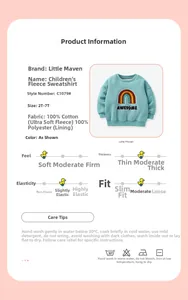 Detailed product specs of mint green fleece sweatshirt with rainbow patch embroidery