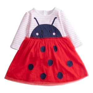 Pink striped long sleeve girls' dress with red polka dot tulle skirt and ladybug patch