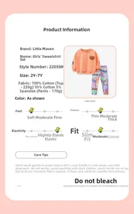 Infographic showing size chart and cotton fabric details for girl's leopard sweatshirt set