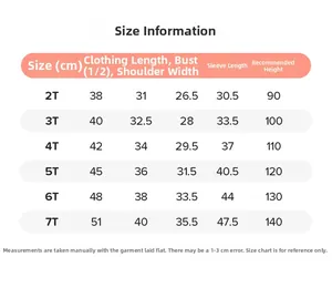 Detailed size chart for kids sweatshirt showing length and chest measurements for ages 2T-7T
