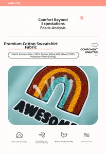 Detail of teal fleece hoodie showing rainbow towel embroidery and soft cotton texture