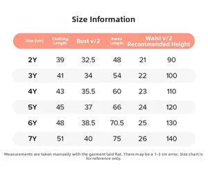 Detailed size chart for girls fleece sweatshirt set covering ages 2Y to 7Y in cm units
