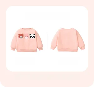 Flat lay view of a pink girls fleece sweatshirt featuring 3D animal embroidery and ribbing