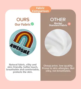 Detail comparing soft fleece rainbow embroidery with thin plain fabric on kids' sweatshirt