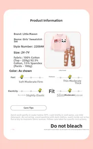 Detail showing fabric composition labels and product specifications for girls' sweat suit