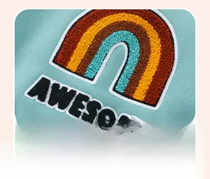 Close-up of rainbow terry embroidery and Awesome lettering on light green kids sweatshirt
