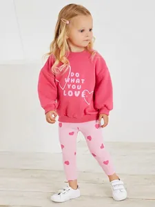 Little Maven Girls Cotton Sweatshirt Leggings Set Long Sleeve Pink Heart Letter Print Toddler Casual 2 Piece Autumn Outfit