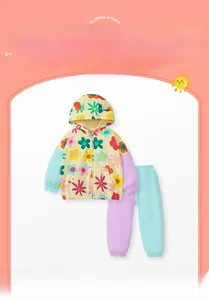 Floral zip-up hoodie and contrast jogger pants set for girls aged 2-7 years