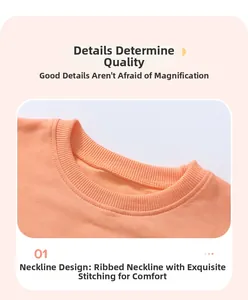 Detail of soft apricot fleece sweatshirt showing ribbed neckline and flatlock seams
