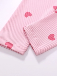 Pink cotton rib-knit girls' sweatshirt set featuring dark pink heart prints and hem detail