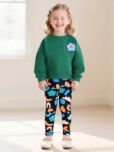 Girls Long Sleeve Sweatshirt Pants Set Flower Embroidery Colorful Printed Kids Casual Clothes Autumn Fleece Outfits