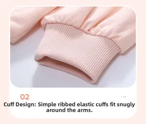 Detail view of elastic ribbed cuffs on a soft pink girls' cotton fleece sweatshirt