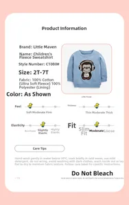 Size chart and washing guide for light blue kids monkey sweatshirt with fleece lining