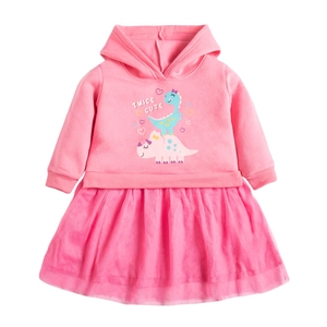 Abito rosa con cappuccio a maniche lunghe con dinosauro e gonna in tulle a strati