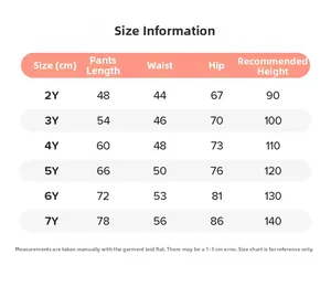Size chart for boys cotton cargo pants showing waist, length, and height from 2Y to 7Y