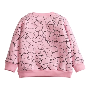 Pink fleece sweatshirt for girls with black crackle pattern and ribbed cuffs