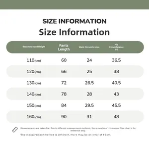 Size chart table for boys fleece lined winter pants with detailed length and waist measurements